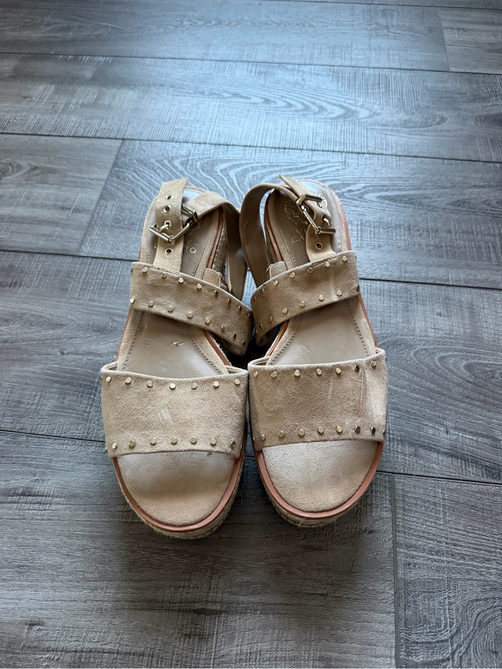 Vince Camuto Beige Studded Suede Platform Sandals